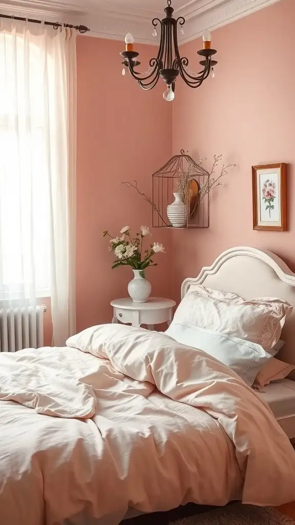 A cozy bedroom with blush pink walls, a white bed, and decorative elements.