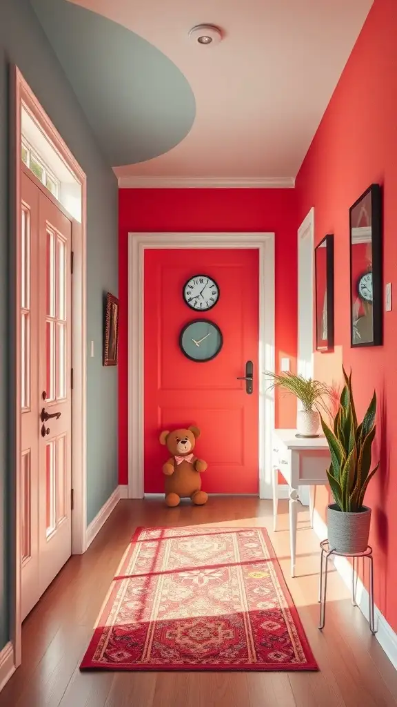 Bright coral accent wall in a cozy hallway with a teddy bear and potted plant.