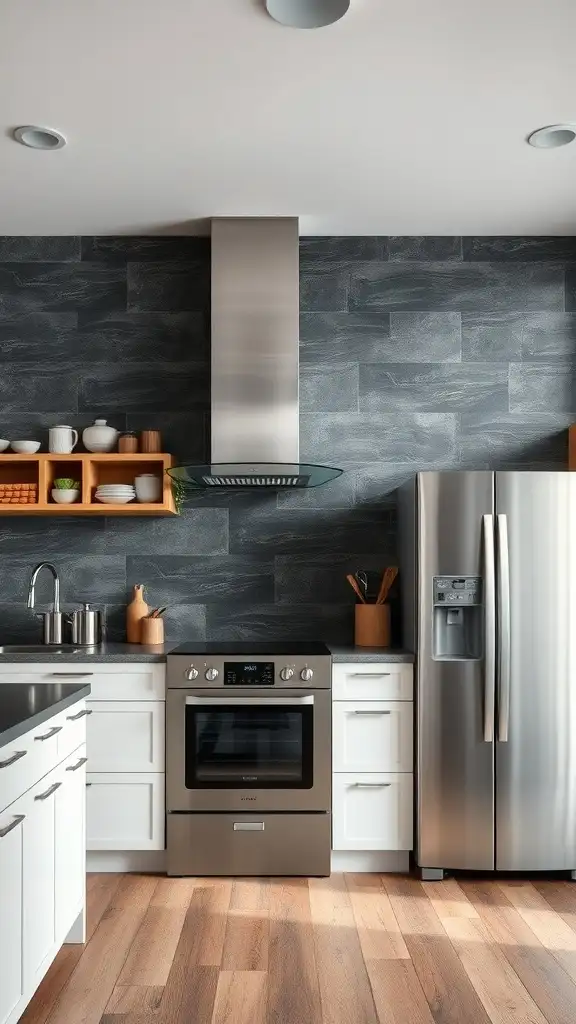 A modern kitchen featuring charcoal slate walls, white cabinetry, and stainless steel appliances.