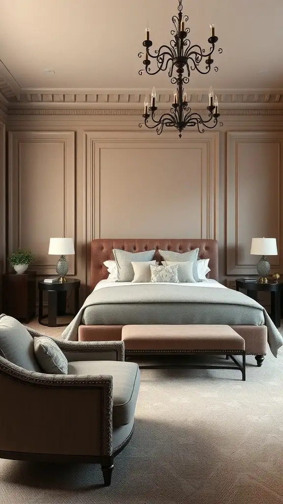 A beautifully styled master bedroom featuring classic taupe walls, elegant furniture, and a luxurious chandelier.