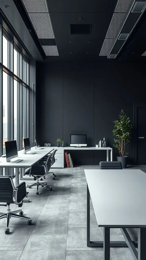 A modern office space with deep charcoal walls and sleek furniture.