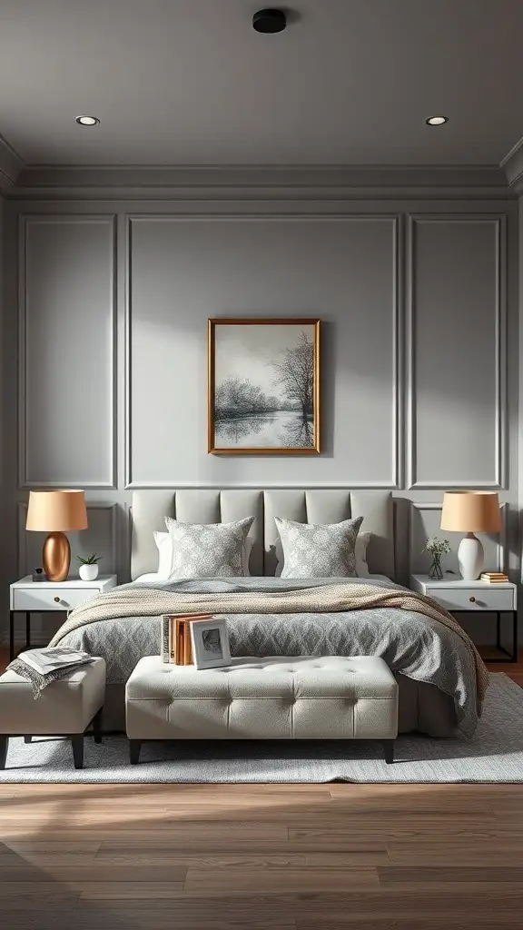 A stylish modern master bedroom featuring elegant gray walls, warm accent lamps, and soft textures.
