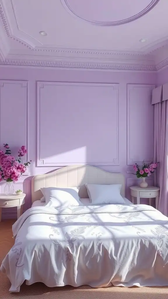 A cozy master bedroom painted in gentle lavender with white bedding and floral decorations.
