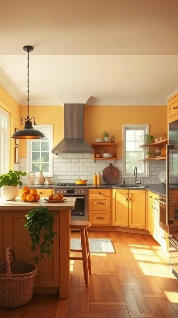 A bright kitchen featuring golden honey walls, wooden cabinets, and a sunny ambiance.