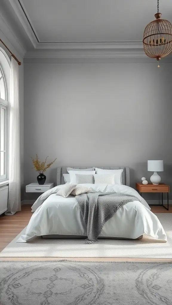 A master bedroom painted in misty gray with a cozy bed and warm accents.