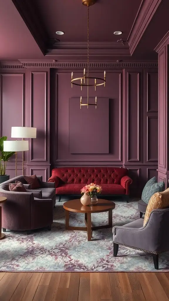 Living room featuring muted plum walls and elegant furniture