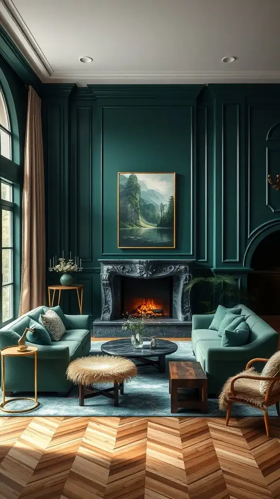 A cozy living room featuring rich forest green walls with elegant furniture, a fireplace, and wooden flooring.