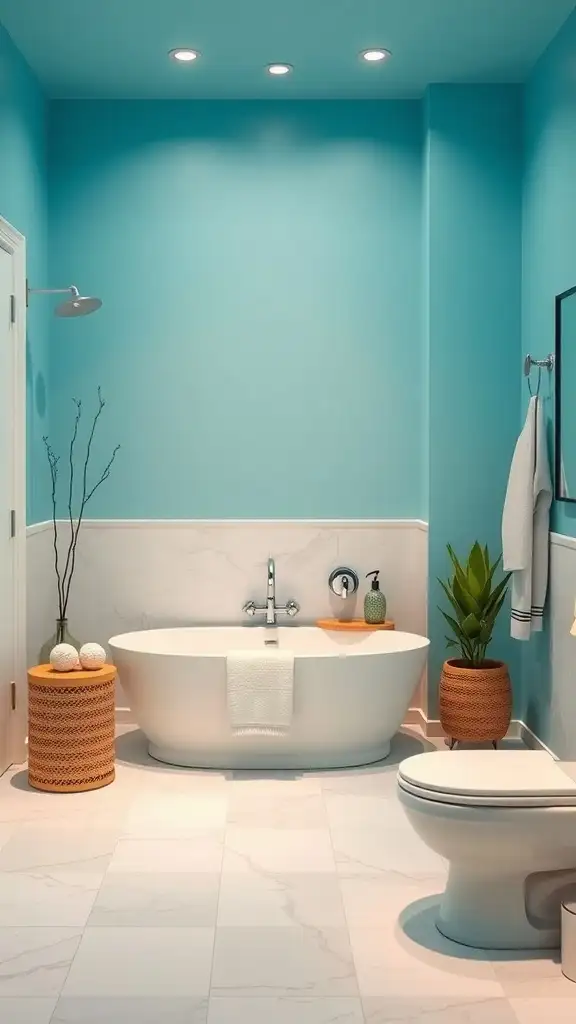 A serene bathroom featuring sky blue walls, a white bathtub, and natural decor elements.