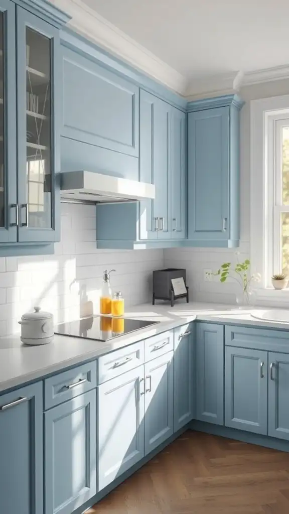 A soft blue kitchen with white countertops and cabinets, featuring natural light and simple decor.
