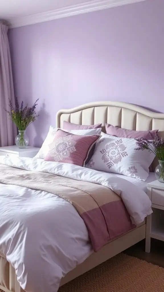 Bedroom with soft lavender walls and cozy bedding