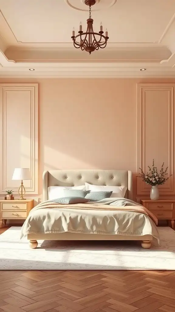 A beautifully decorated bedroom featuring soft peach walls, a plush bed, and warm wooden accents.
