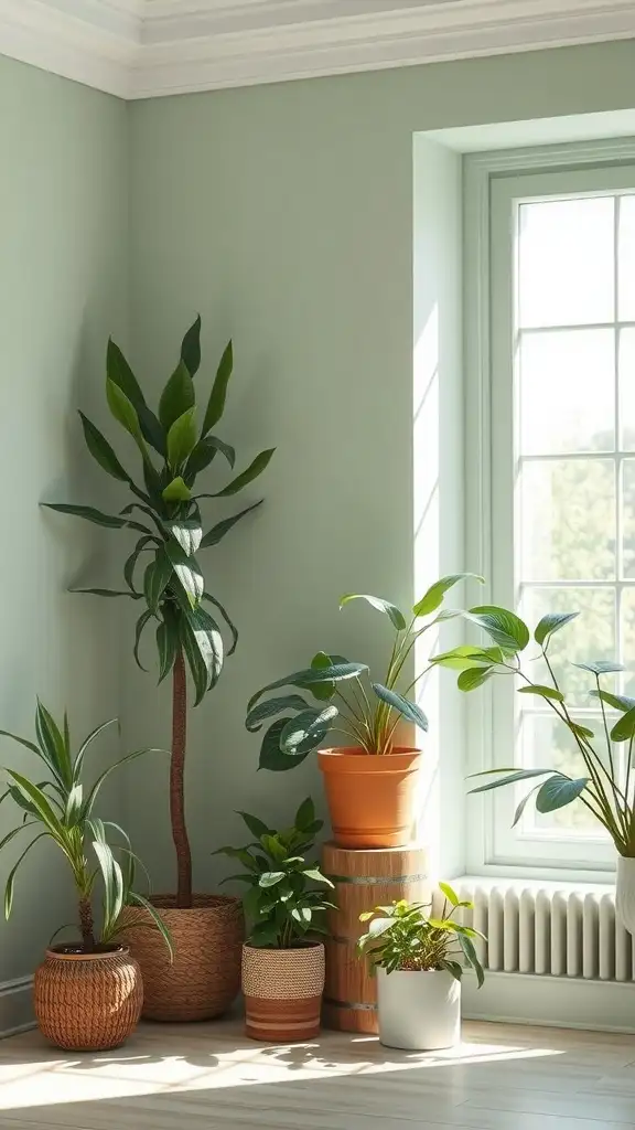 A serene room painted in soft sage green with various houseplants.