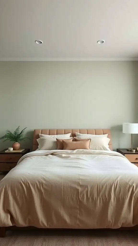 Master bedroom featuring subtle sage walls and earthy decor.