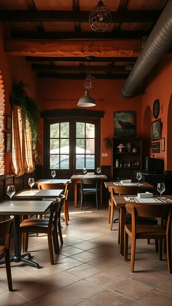 A warm terra cotta room with wooden furniture and natural light.