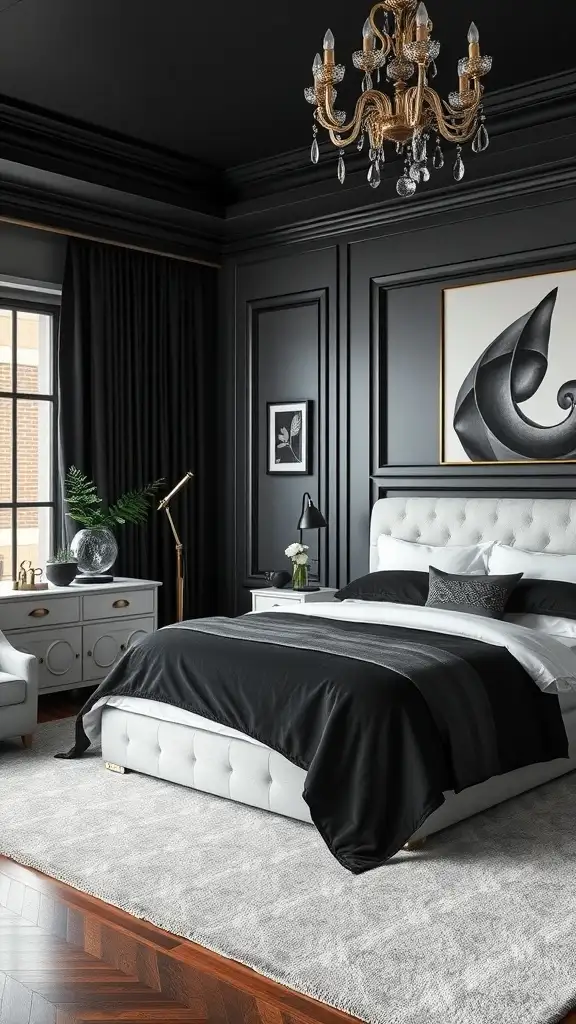Elegant master bedroom with black walls, white bed, and stylish decor
