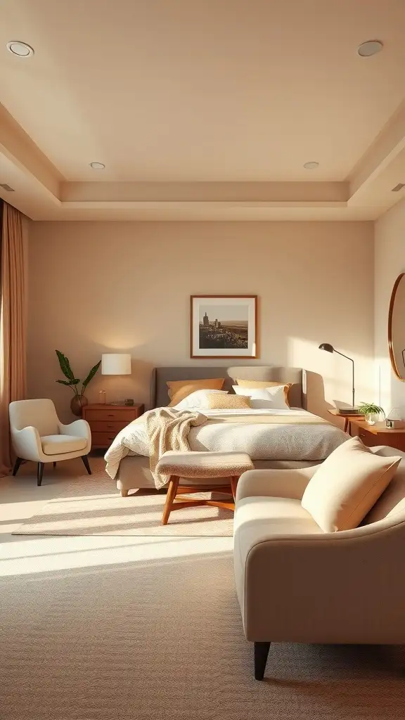 A cozy master bedroom featuring warm beige walls, comfortable bedding, and inviting furniture.